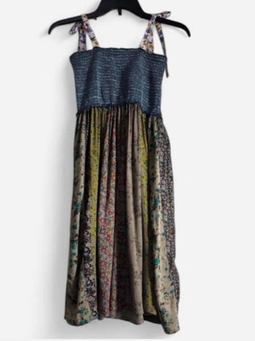 NWT Yong Threads Smocked Blue Bodice Floral-Print Midi Dress